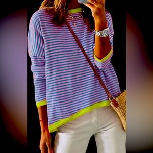 EUC....Womens' Striped Blue and Pink Sweater with Neon Accents
